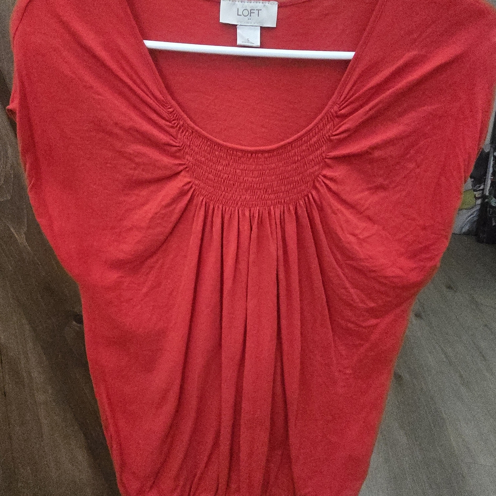 Ann Taylor Red Scoop-Neck Smocked Blouse